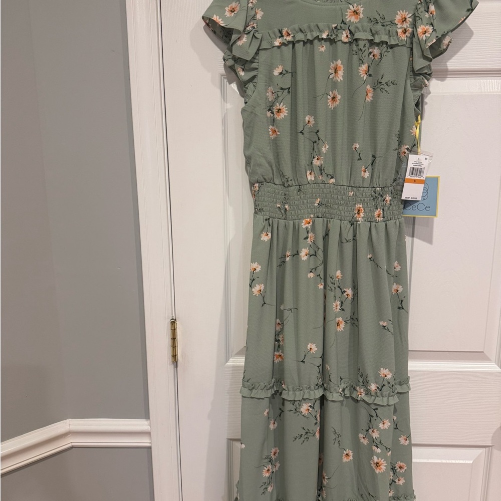 CeCe Green Floral Dress with Yellow Accents